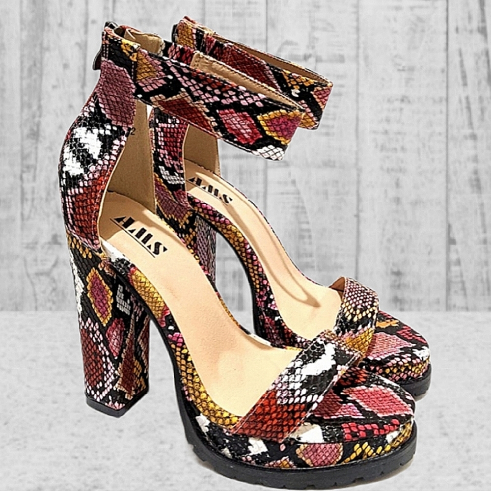 Snakeskin Ankle Strap Block Heels - Picture 2 of 8